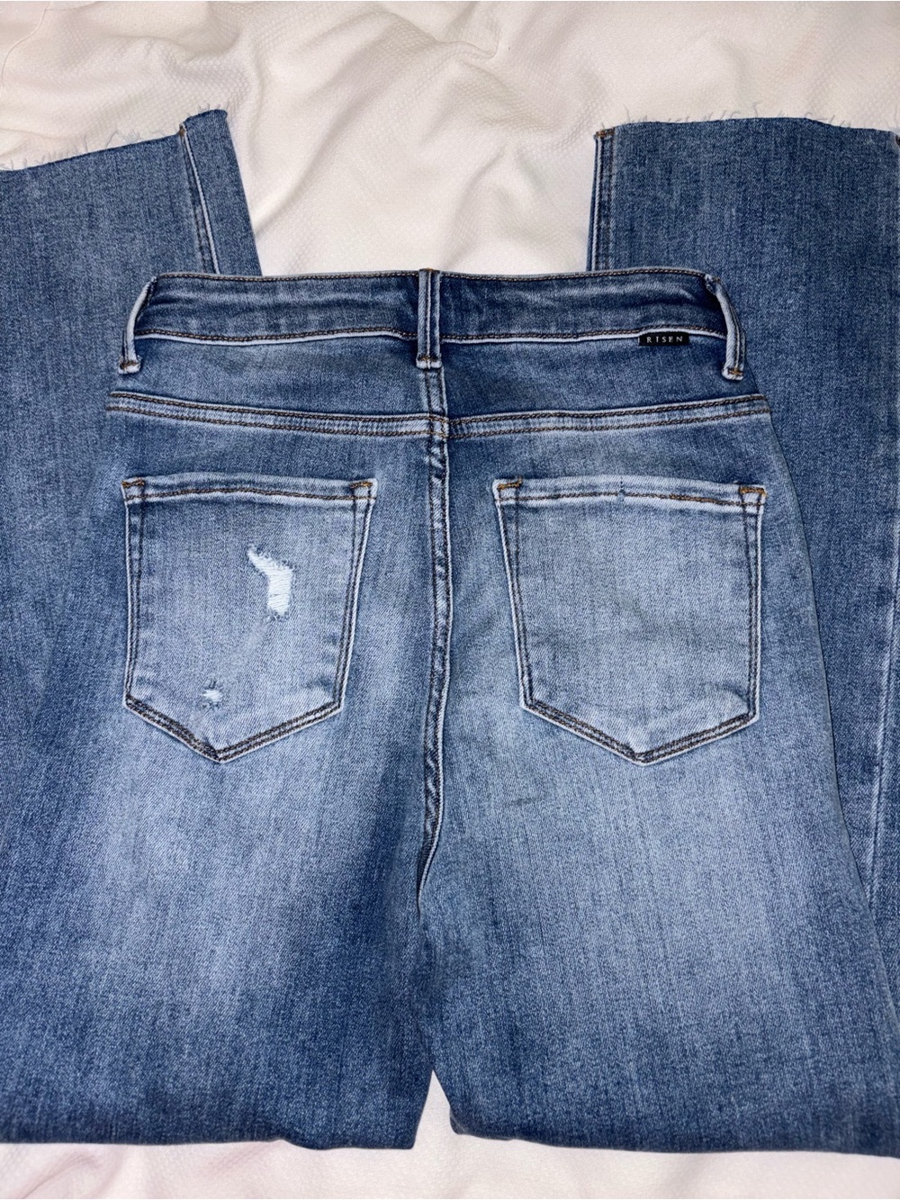 Risen Women's Cropped Distressed Mid-Blue Jeans - Picture 3 of 3